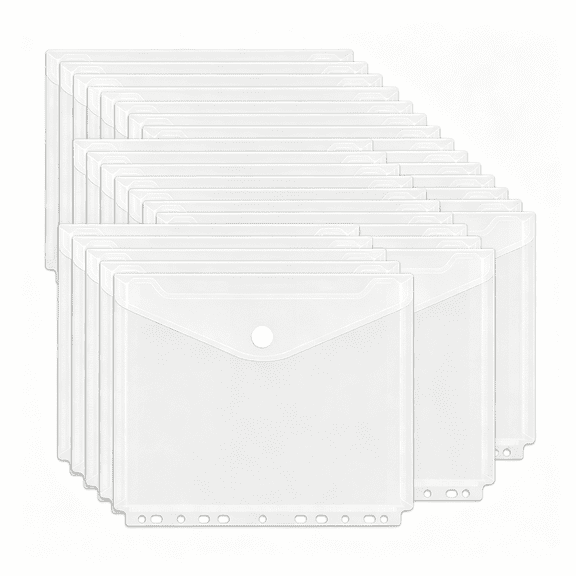 CCOCC 30Pcs Binder Folders,Binder Pockets,11 Holes Clear Binder Organizer Poly Envelope with Hook and Loop Closure,Plastic Binder Folders for School and Office Supplies,Letter Size