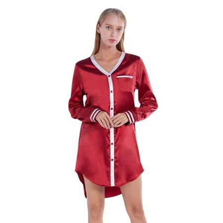 

Women s Nightgown Button Down Sleepshirt Satin Long Sleeve Nightshirt Boyfriend V Collar Sleepwear