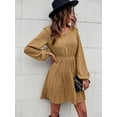 thumbnail image 2 of V Neck Swiss Dot Long Sleeve Pleated Dress Above Knee Length, 2 of 3
