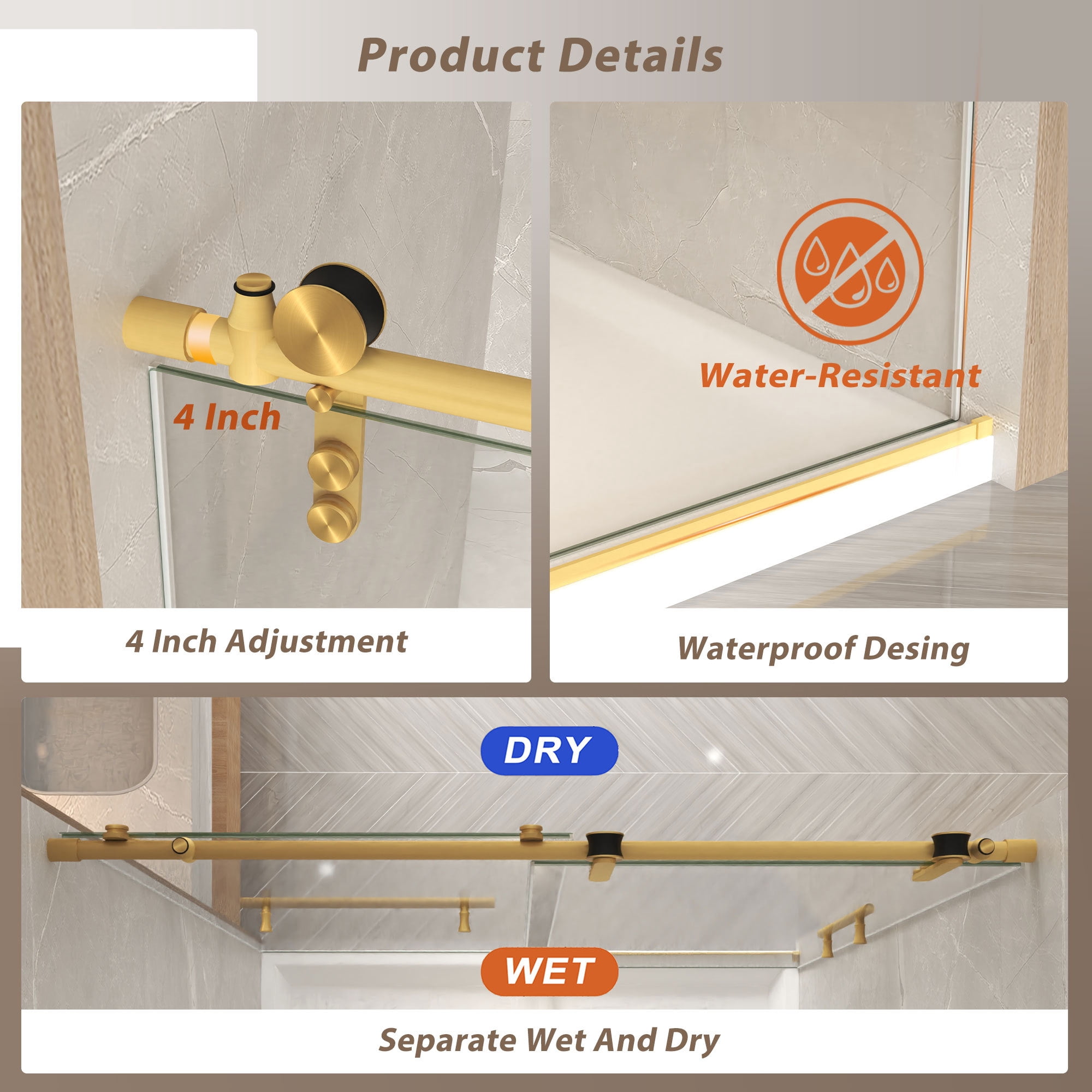 Leumius 50-54" x 76" H Frameless Sliding Shower Door, 5/16" Clear Tempered Glass,Stainless Steel Frame for Bathroom,Brushed Gold