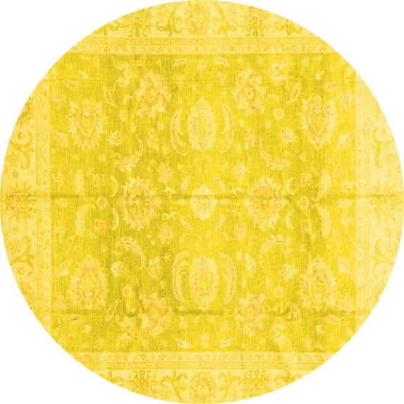 Ahgly Company Machine Washable Indoor Round Oriental Yellow Traditional Area Rugs, 8' Round