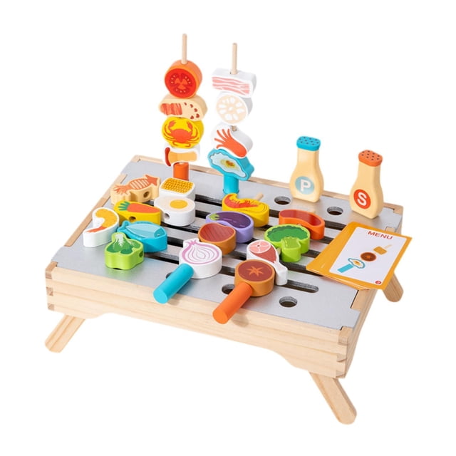 Juego de barbacoa de madera con comida de juguete, parrilla de juguete para aprendizaje temprano, accesorios de cocina para niños y niñas, regalos de