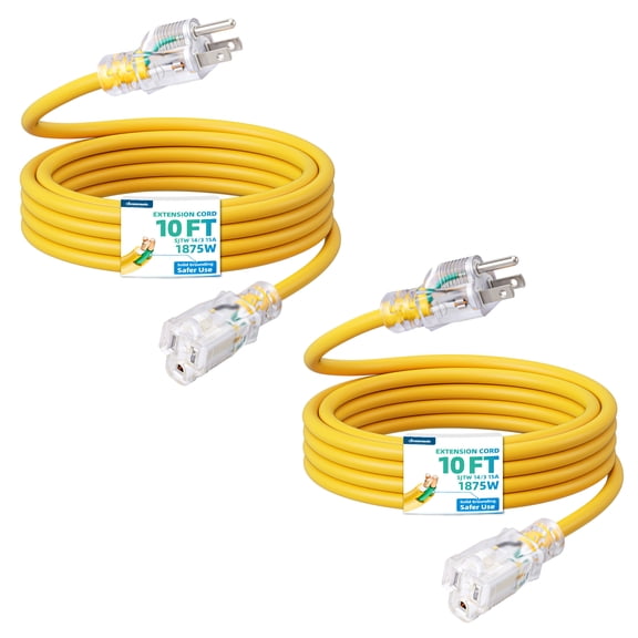 DEWENWILS 10FT Outdoor Extension Cord Lighted Plug End 3 Prong 14/3 2 Pack SJTW Outdoor Extension Cord Waterproof, 15A 125V 1875W