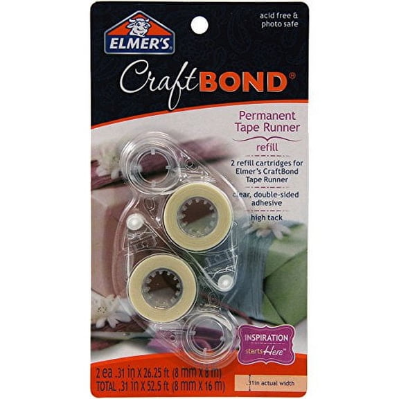 Elmer's, Clear, Craftbond Permanent Tape Runner, 31" by 26-1/4 Feet, 2 Refills Per Pack (E4007), 2-Pack, 52 Foot