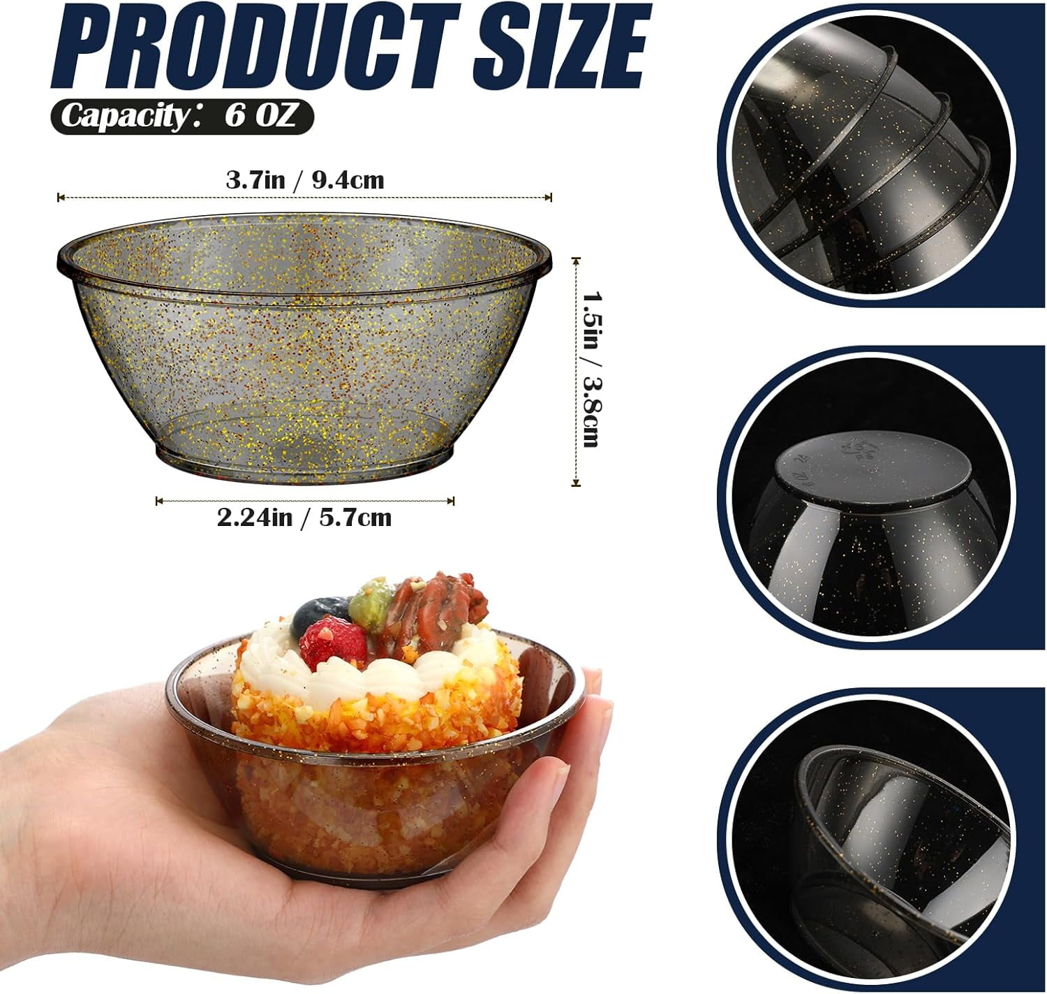 225 Pack Disposable Clear Plastic Bowls for Party 6oz Hard Plastic Salsa Dessert Ice Cream Candy Fruit Small Glitter Bowls for Christmas Wedding Baby Shower Birthday Party(Black)
