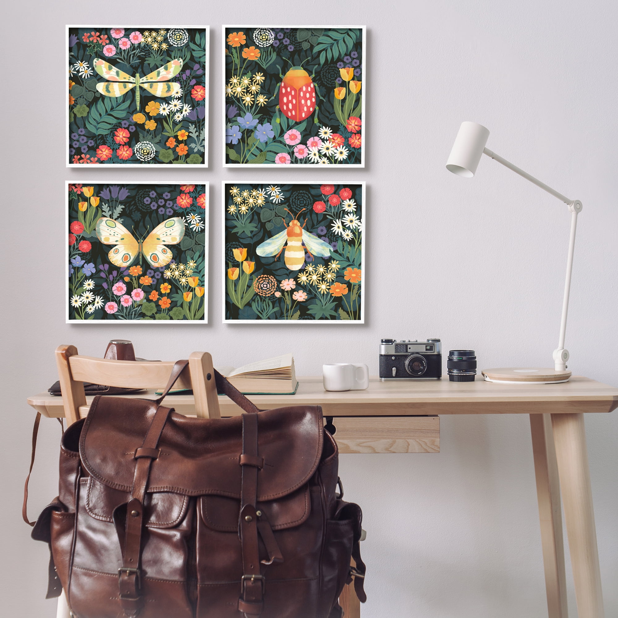 Stupell Industries Insects Among Wildflowers Animals & Insects Painting White Framed Art Print Wall Art, 17 x 17, Set of 4
