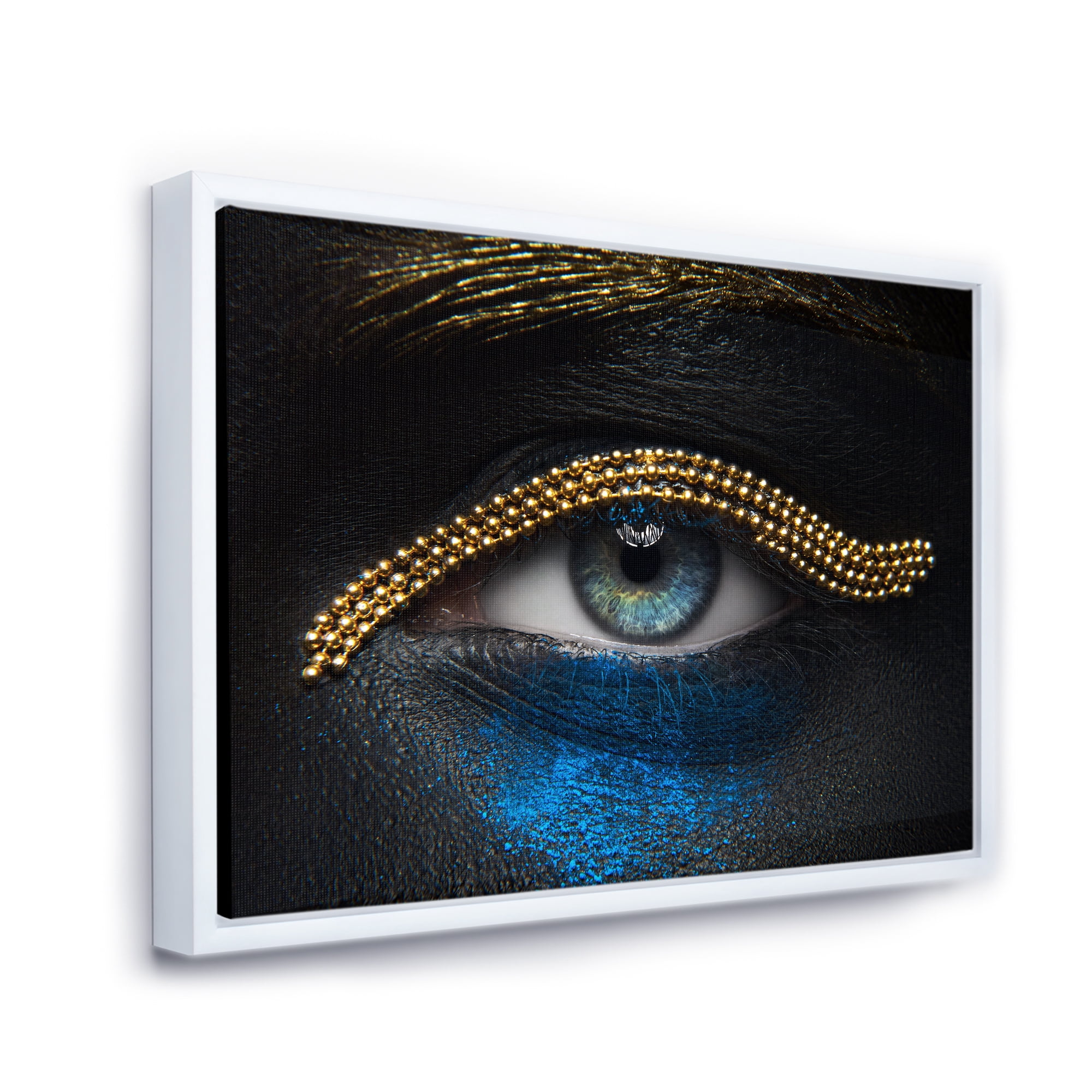 Designart 'Girl Eyes With Gold Chain and Blue Pigment' Modern Framed Canvas Wall Art Print