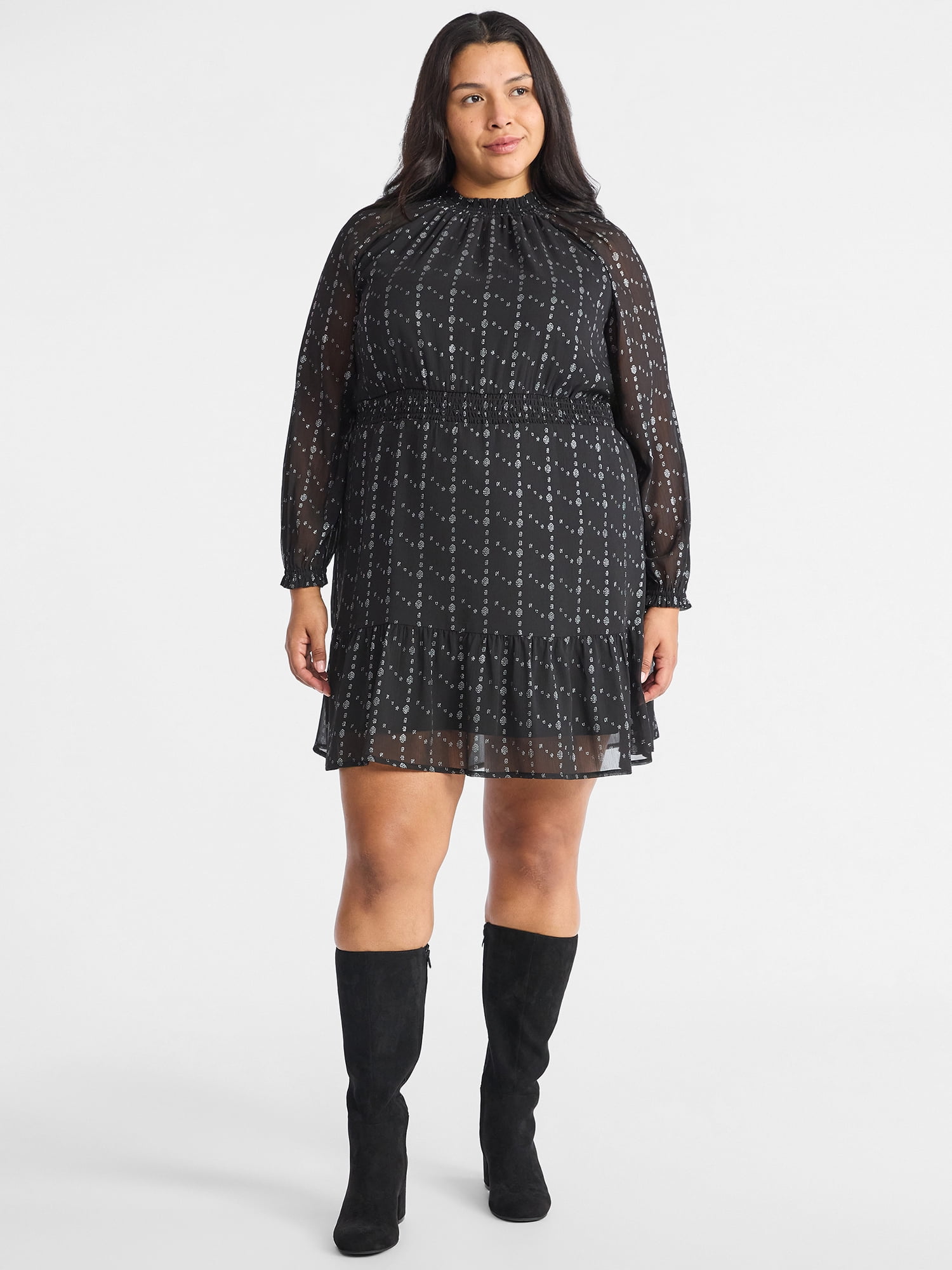 Time and Tru Women's Smocked Mini Dress with Long Sleeves, Sizes XS-XXXL