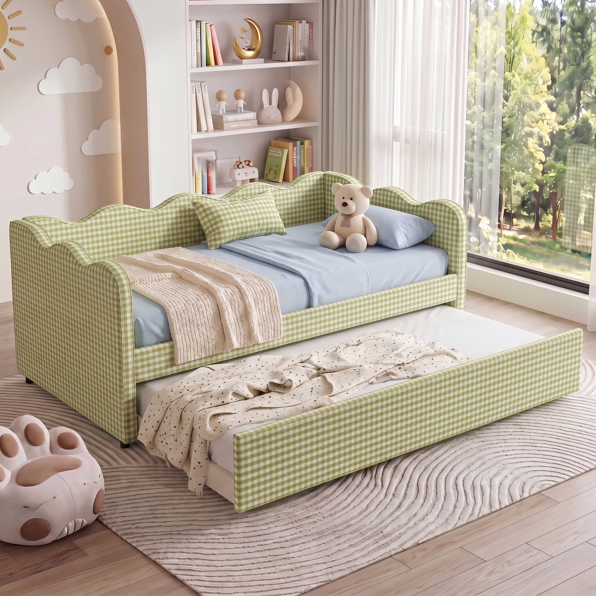 avobird Cozy Gingham Daybed with Trundle Twin Size Sofa Bed for Living Room, Sleeper Sofa with USB Port and Adorable Wave Shaped, Linen Fabric, Green