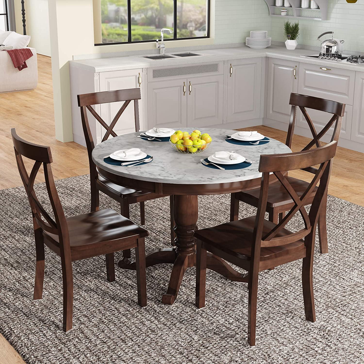 Modernluxe 5 Piece Wood Dining Set, 4 Piece Wood Round Outdoor Dining Table Set And Umbrella Cabinet