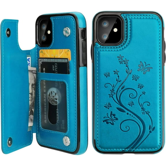 iPhone 11 Case Wallet with Card Holder,  Embossed Butterfly Premium PU Leather Double Magnetic Buttons Flip Shockproof Protective Cover for iPhone 11 6.1 Inch(Blue)