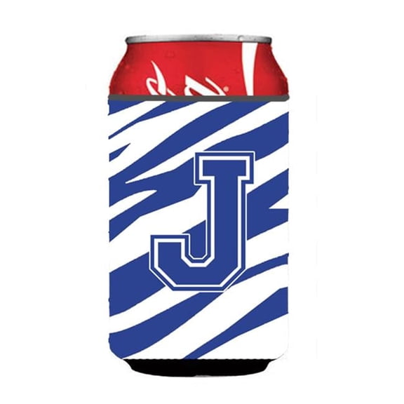Letter J Initial Monogram - Tiger Stripe Blue And White Can Or Bottle Hugger