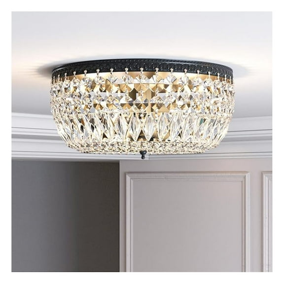 12" Crystal Ceiling Light, 3-Lights Modern Black Flush Mount Light Fixture, French Round Ceiling Chandelier for Bedroom, Bathroom, Entryway, Kitchen, Dining Room, E12 Base