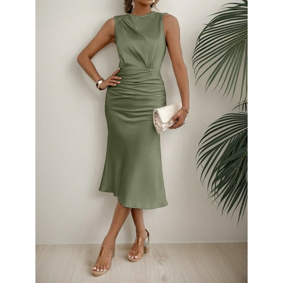 ZOELNIC Women's Ruched Bodycon Dress Summer Casual Sleeveless Elegant Club Evening Party Cocktail Midi Dresses, S