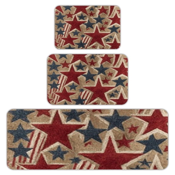 RKSupls Kitchen Rug Set 3 Piece Anti-Slip Flannel Floor Mats, Patriotic Stars Stripes Washable Absorbent Runner Mats for Kitchen Bathroom Home Decor