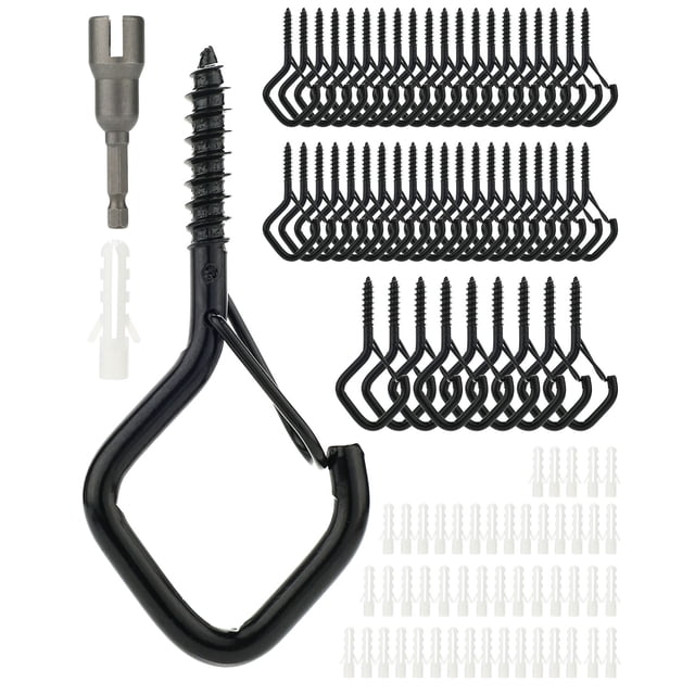 50 PCS Hanger Hooks with Safety Buckle, Windproof Screw Hooks for Hanging Outdoor String