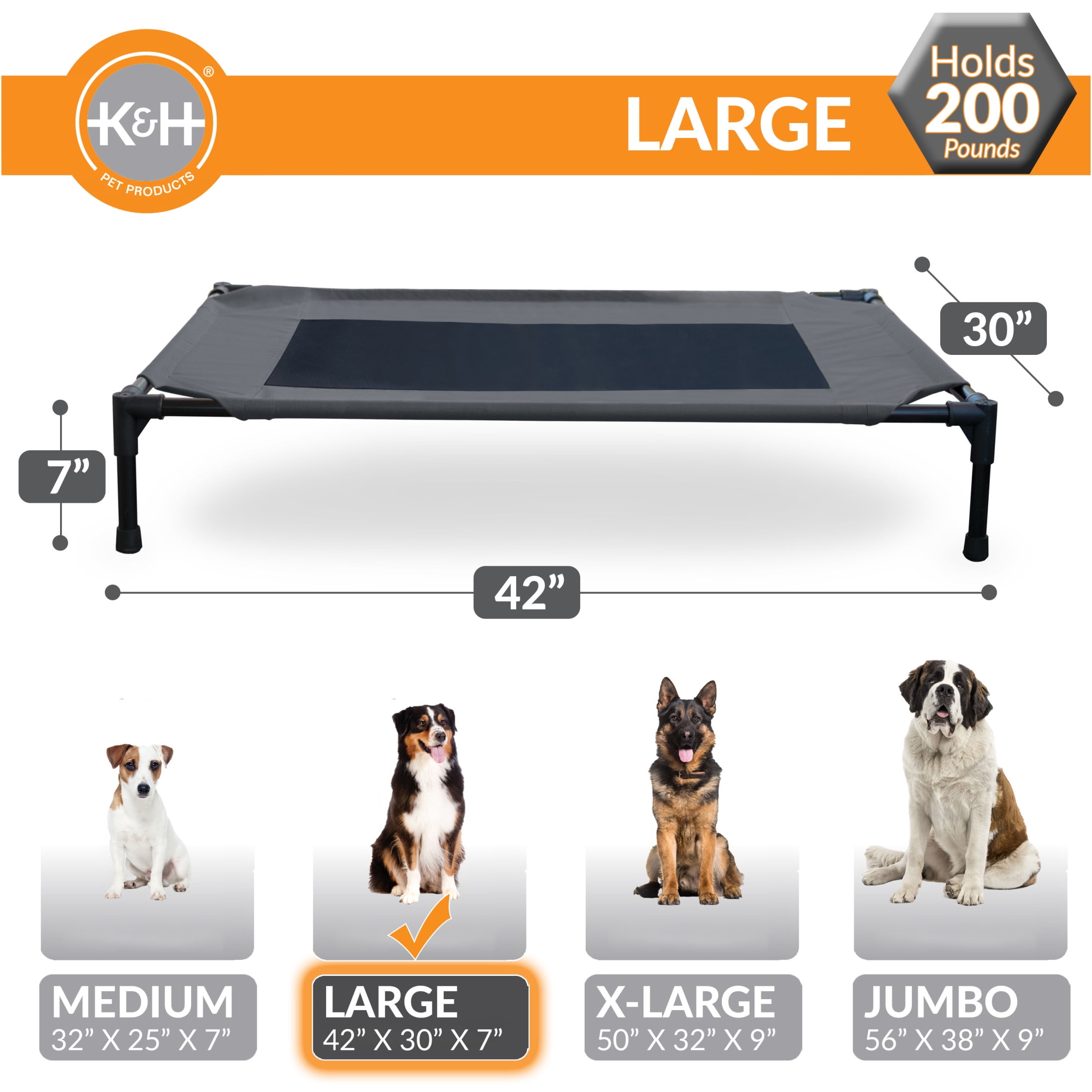 K&H Pet Products Original Pet Cot Elevated Dog Bed Charcoal/Black Mesh Large 42 X 30 X 7 Inches