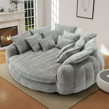 Aukfa 81 Oversized Round Chaise Lounge Sofa Bed Modern Chenille Cloud Couch with Deep Seat 14 Pillows Assemble-Free Light Gray