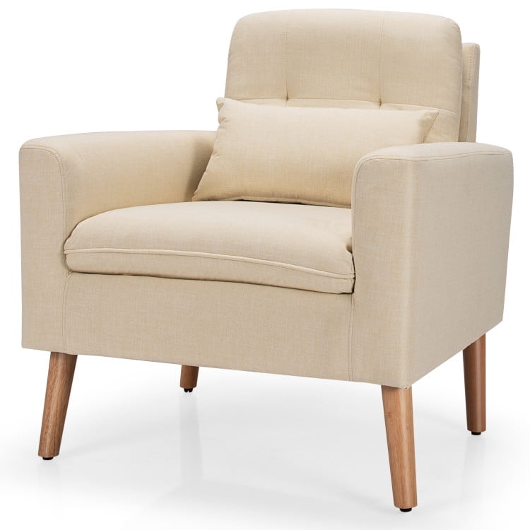 Finihen Upholstered Accent Chair, Modern Comfy Armchair Single Sofa, Linen Fabric Single Sofa Armchair with Waist Pillow, for Living Room, Bedroom, Beige