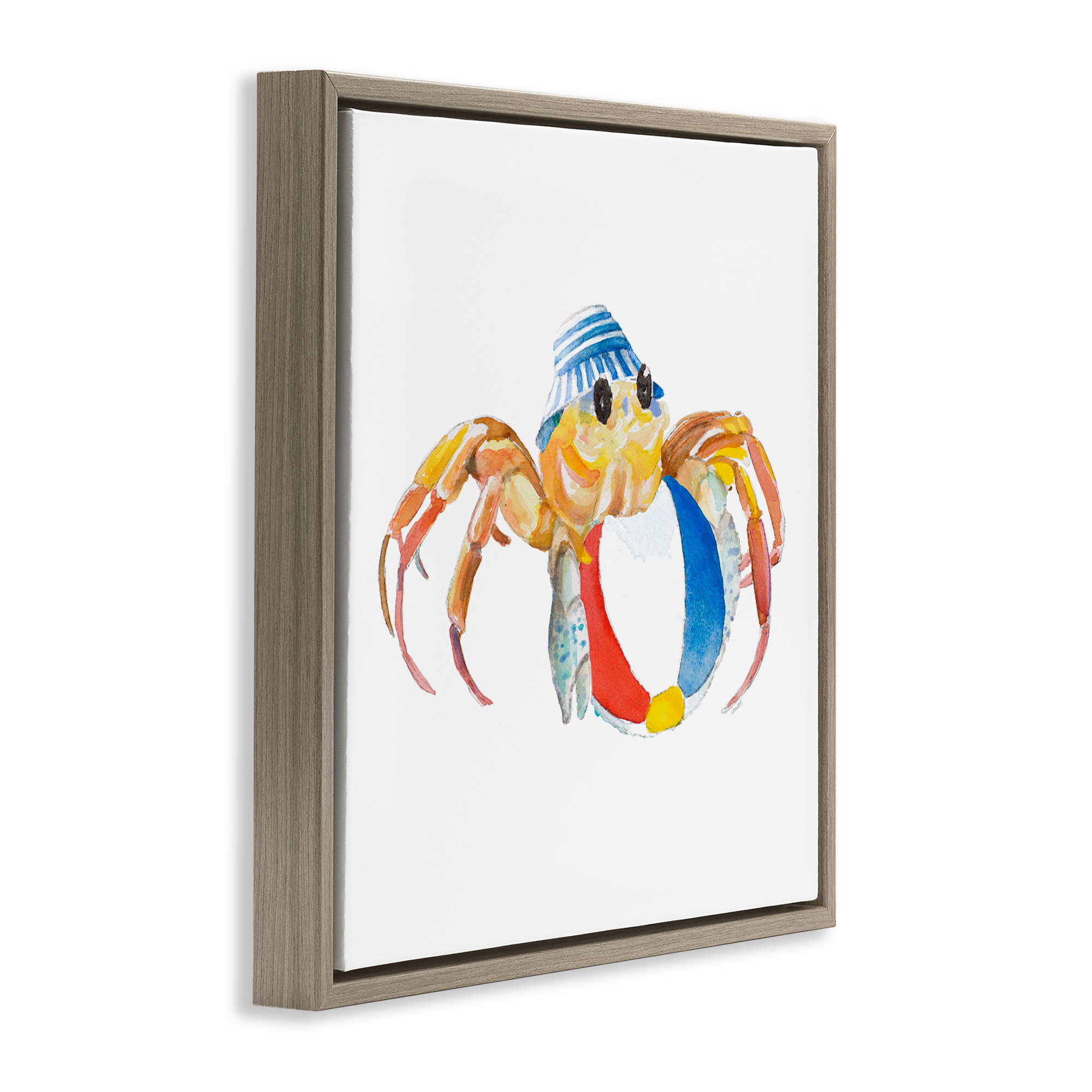 Stupell Industries Beach Ball Crab Novelty Painting Brown Floater Framed Canvas Art Print Wall Art, 25 x 25