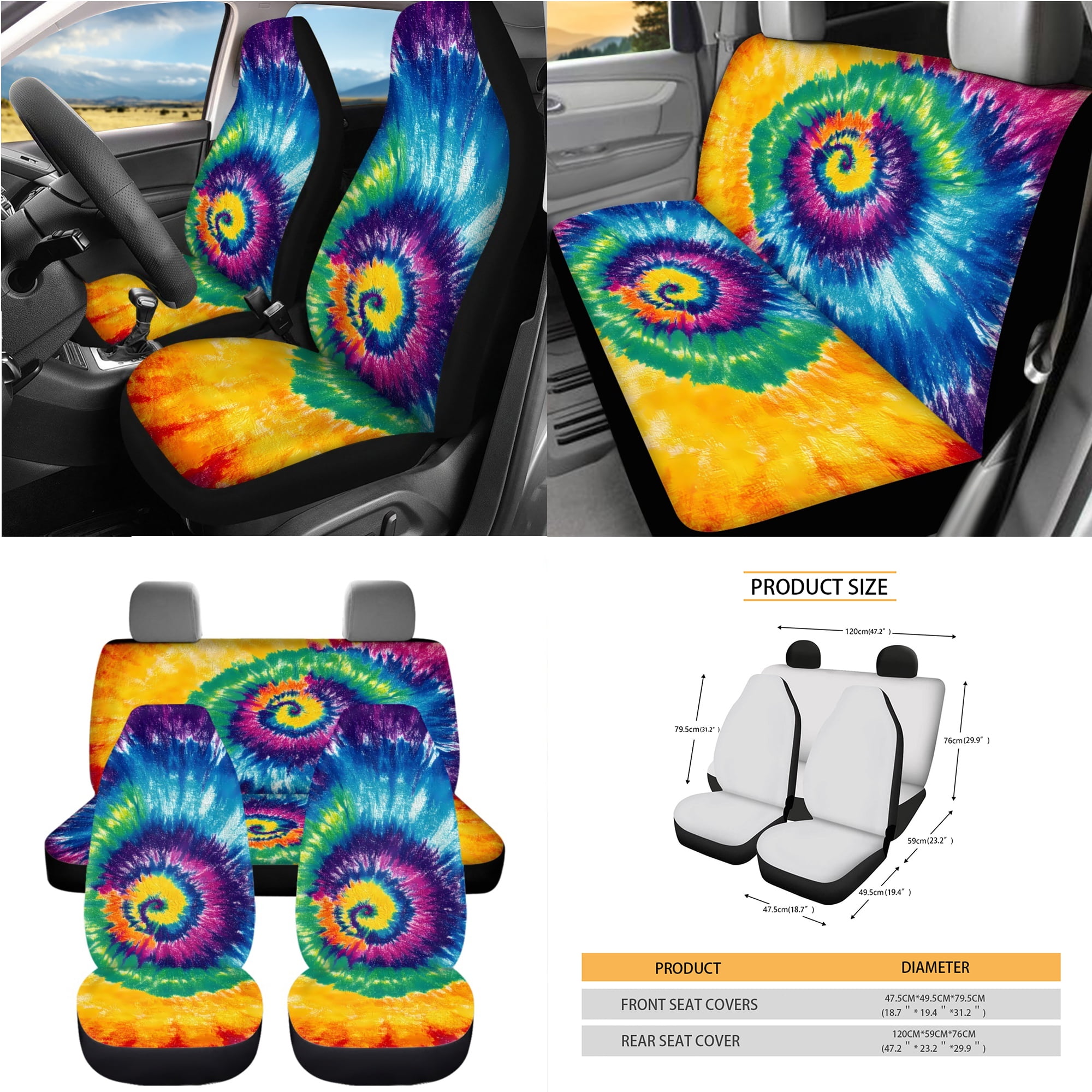 Yuyamidu Rainbow Tie Dye Car Seat Cover 15 Pack Front Back Seat Cover with Universal Steering Wheel Cover Seatbelt Strap Pad Trash Can Car Vent Organizer Cup Holders Rearview Mirror Cover Keychain