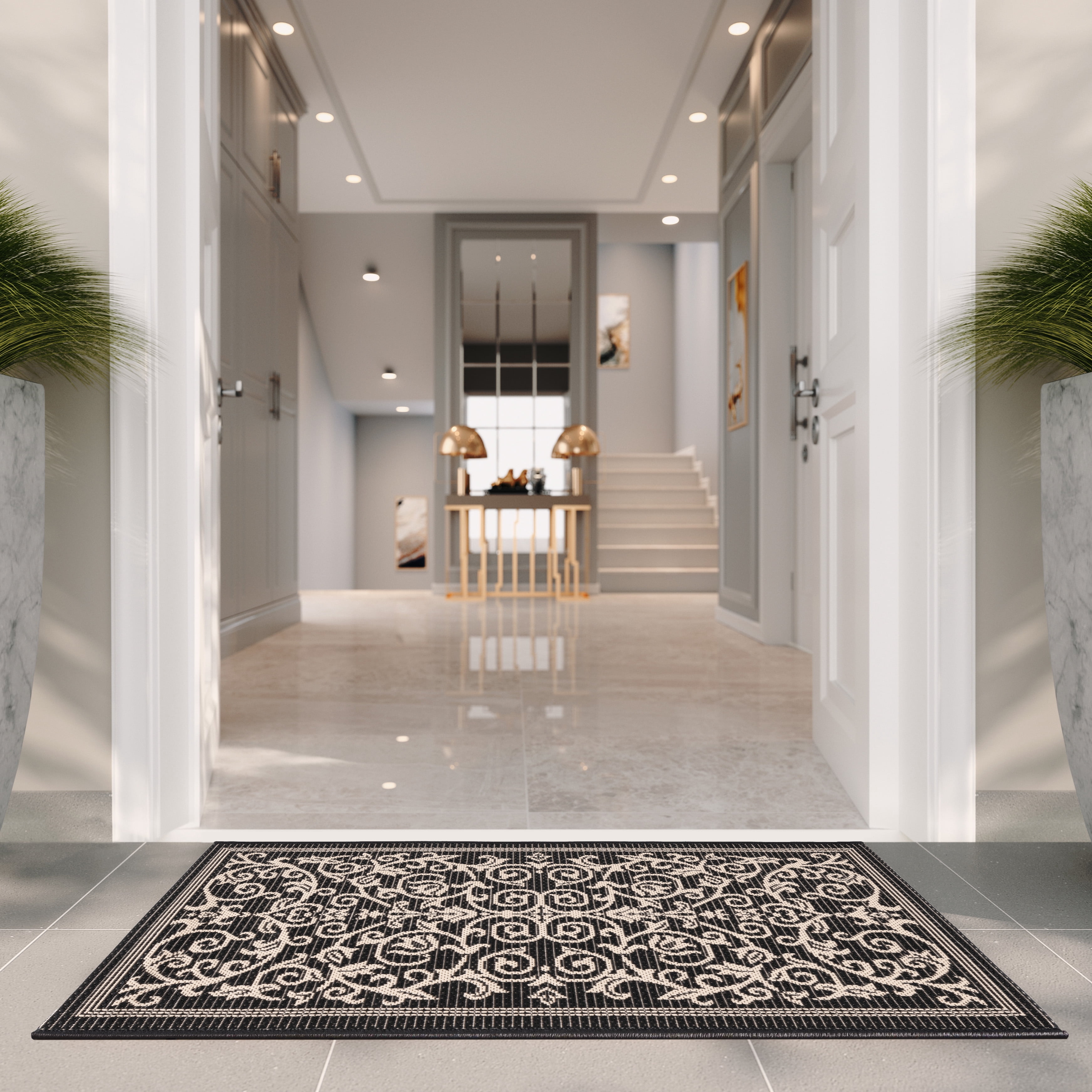 Safavieh Courtyard Nanda Botanical Indoor/Outdoor Area Rug, Black/Sand, 6'7" x 9'6"