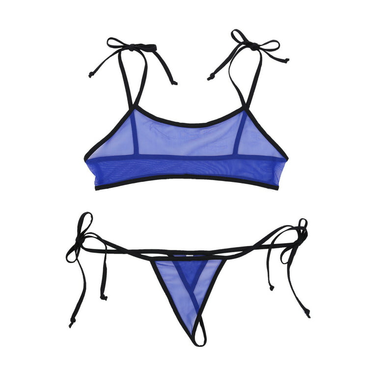 YiZYiF Women Mesh See Through Sheer Swimsuit Mini Self-tie Bathing Suit  Micro Bra Top with G-String Thong 