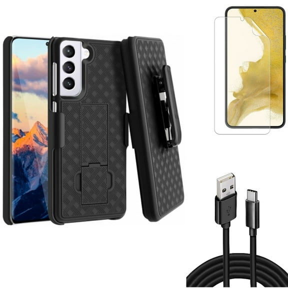 For Samsung Galaxy S21 (6.2") - Swivel Holster Case Belt Clip   Charger Cord Type-C 10ft USB Cable   Anti-Glare TPU Film Matte Screen Protector