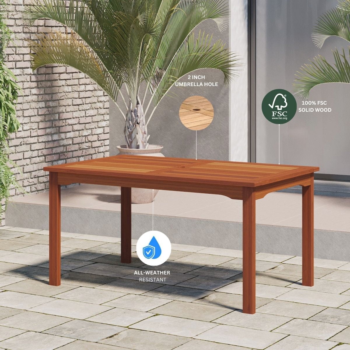 Amazonia Bahamas 7-Piece Rectangular Patio Dining Set, Eucalyptus Wood, Ideal for Outdoors and Indoors, Brown