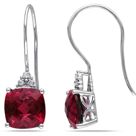 5-5/8 Carat T.G.W. Cushion-Cut Created Ruby and Diamond-Accent 10kt White Gold Hook Earrings