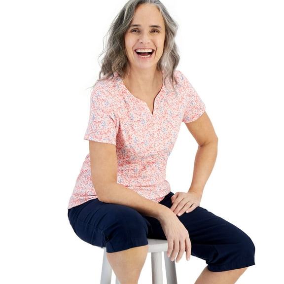 Petite Patchy Ditsy Floral Henley Short-Sleeve Top  Patchy Coral PM