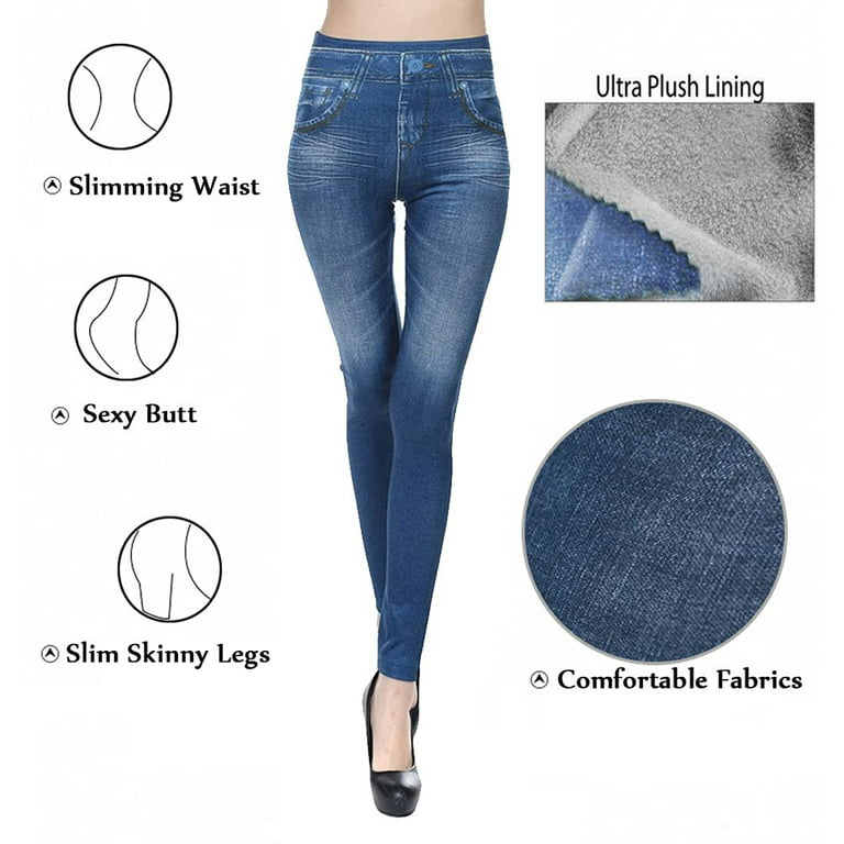 Lov Women's Tummy Control Denim Fake Jeans Seamless Fleece Lined Full  Length Leggings with Pockets Blue XL 
