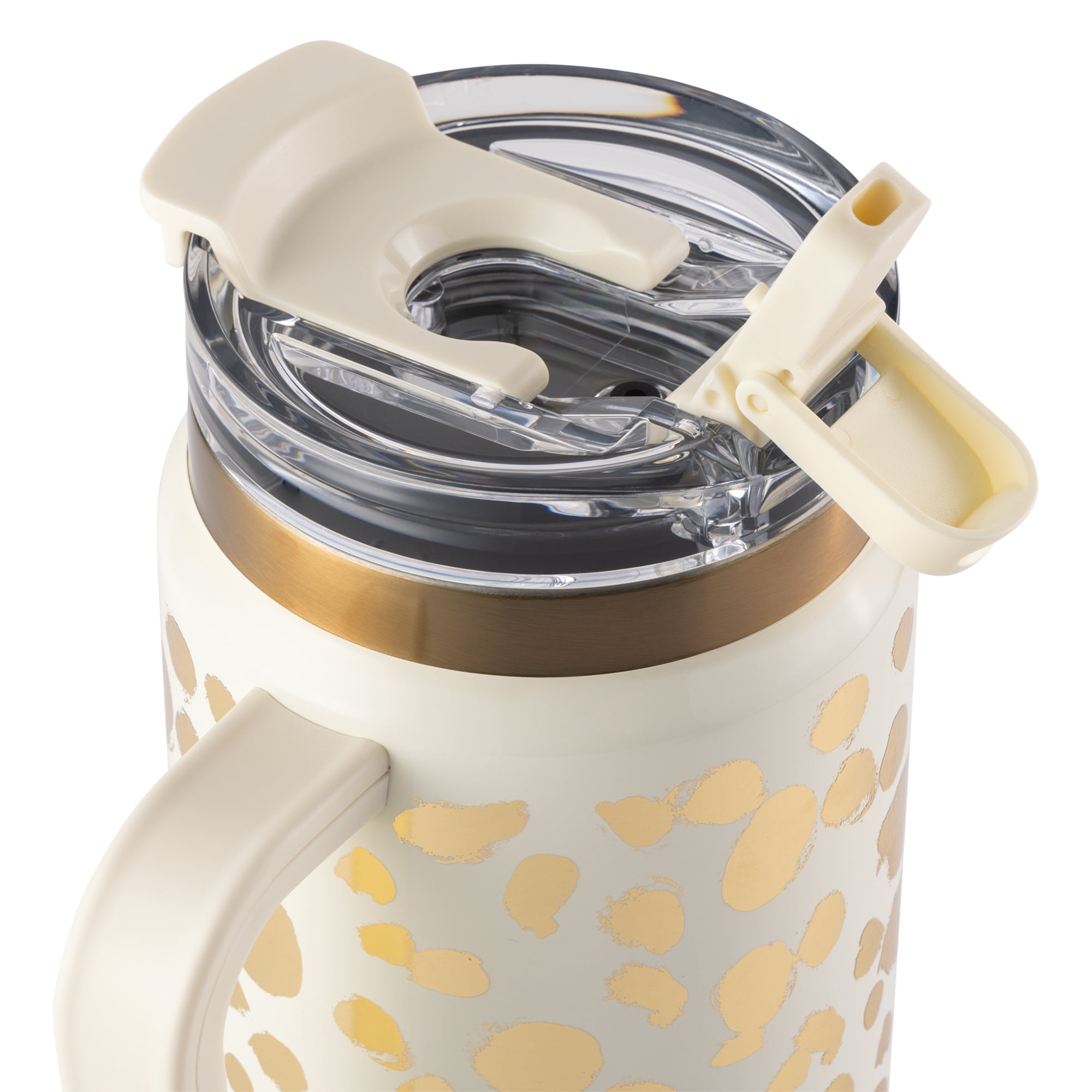 Thyme & Table 32 fl oz Stainless Steel Luna Tumbler with Handle and Dual Straw Lid, Cream & Gold Dot