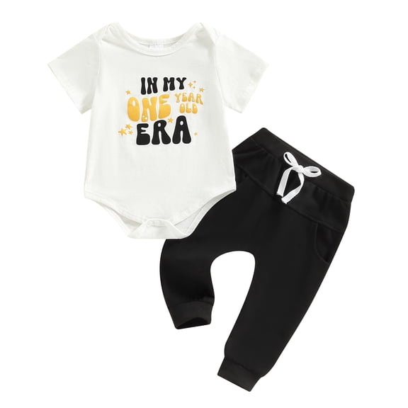 Aojekbee Baby Boy Summer Outfit Letter Print Short Sleeve Romper with Solid Color Long Pants 2 Pcs Clothes