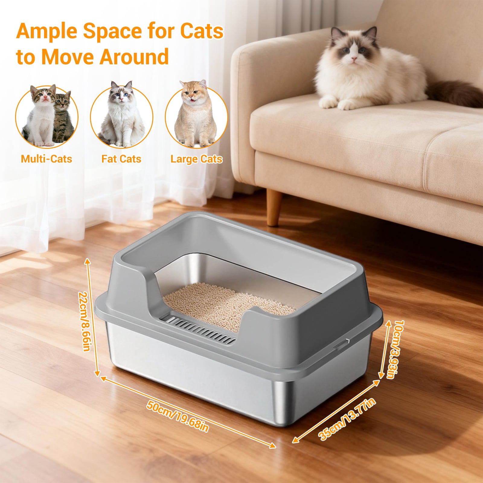 Stainless Steel Cat Litter Box, High-Sided & Non-Stick, Odor-Resistant Metal Litter Pan