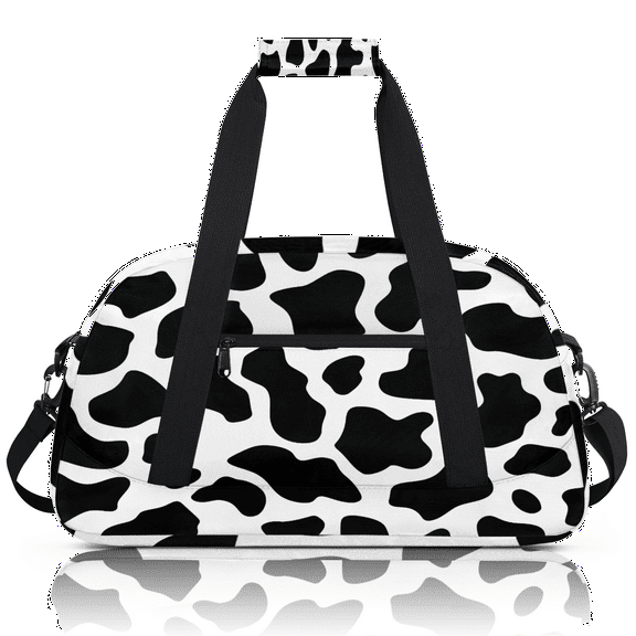 Herdesigns Black White Sports Duffle Bag for Women & Men, Fun Cow Print Farm Animal Gym Bag Dance Bag Overnight Bag Carry On Weekender Travel Bag
