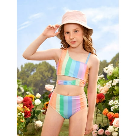 

Girls Block Striped Cut Out Bikini Swimsuit Swimwear S221904X Multicolor 9Y(53IN)