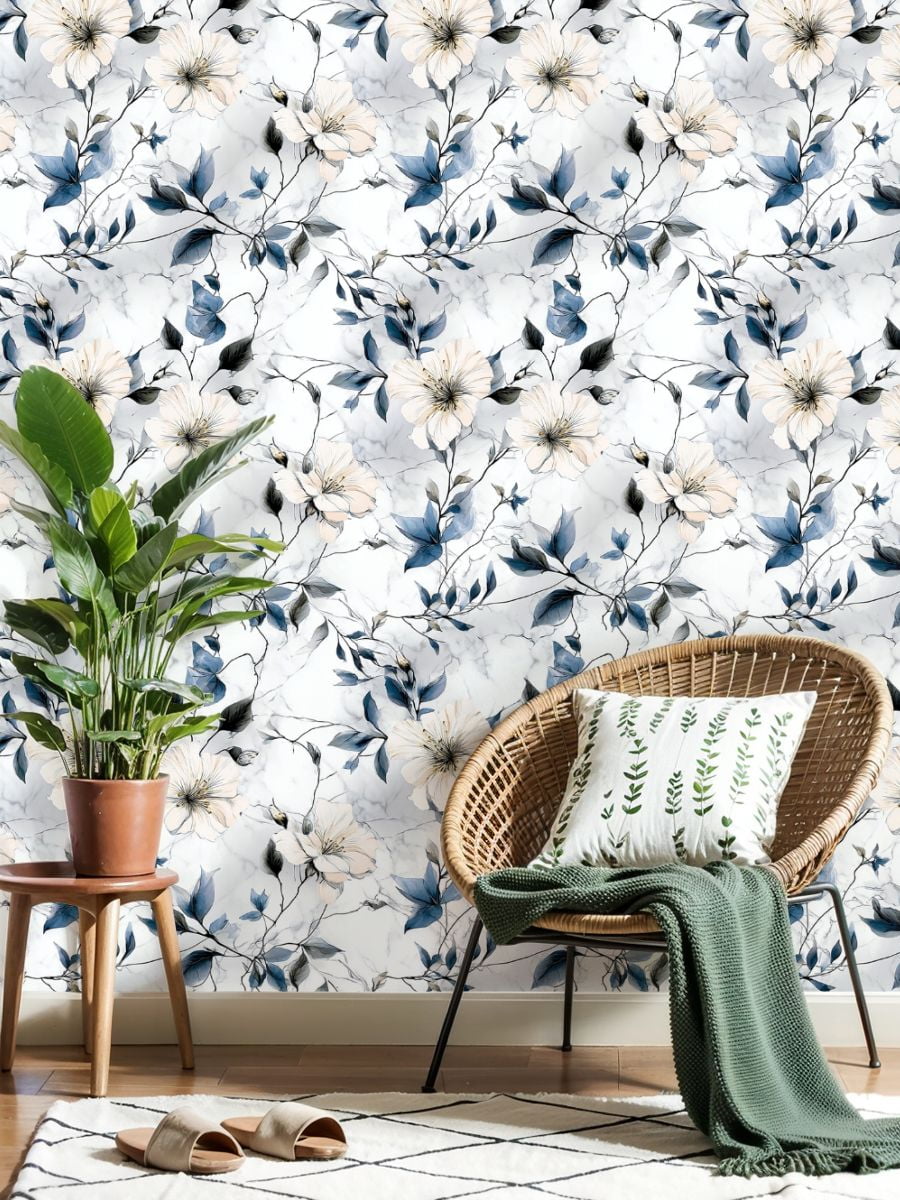 Peel and Stick Wallpaper 23.6in x 9.8ft Elegant Floral Blue Leaves White Flowers Marble Contact Paper Vinyl Self-Adhesive Removable Wall Paper for Bedroom Kitchen Cabinet Décor Renter Friendly