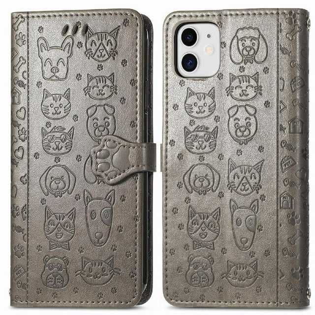 Funda Cartera FOXDOCK para iPhone 12 Mini , Flip PU con Relieve de Gatos y Perros, Tarjetero y Soporte