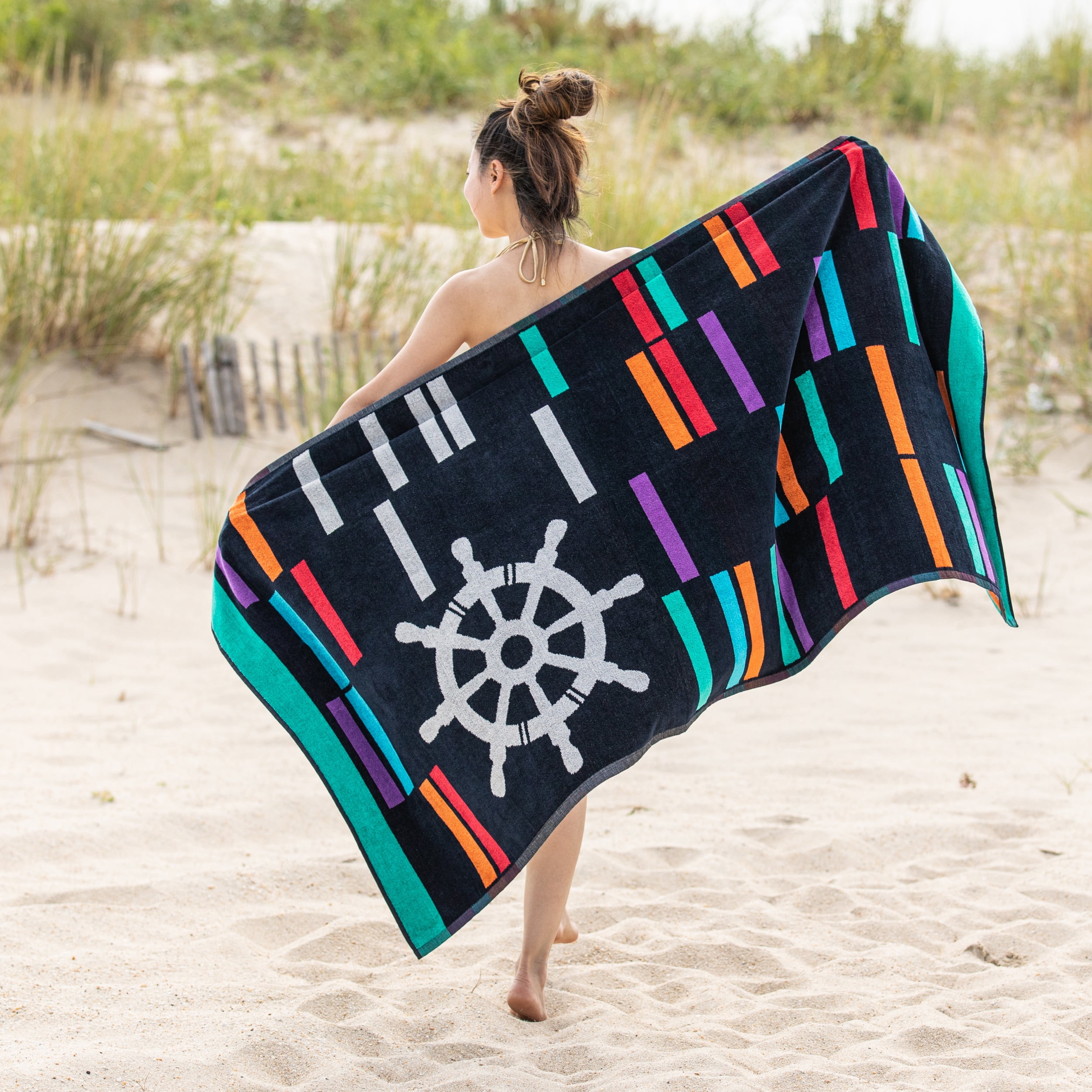 Long Island Beach Towel, 100% Cotton, Poolside Lounging, Sunbathing, Soft, Absorbent, Quick Dry, Mediumweight, Cotton Terry, Velour, Oversized Beach Towel , 35" x 67", Black by Blue Nile Mills