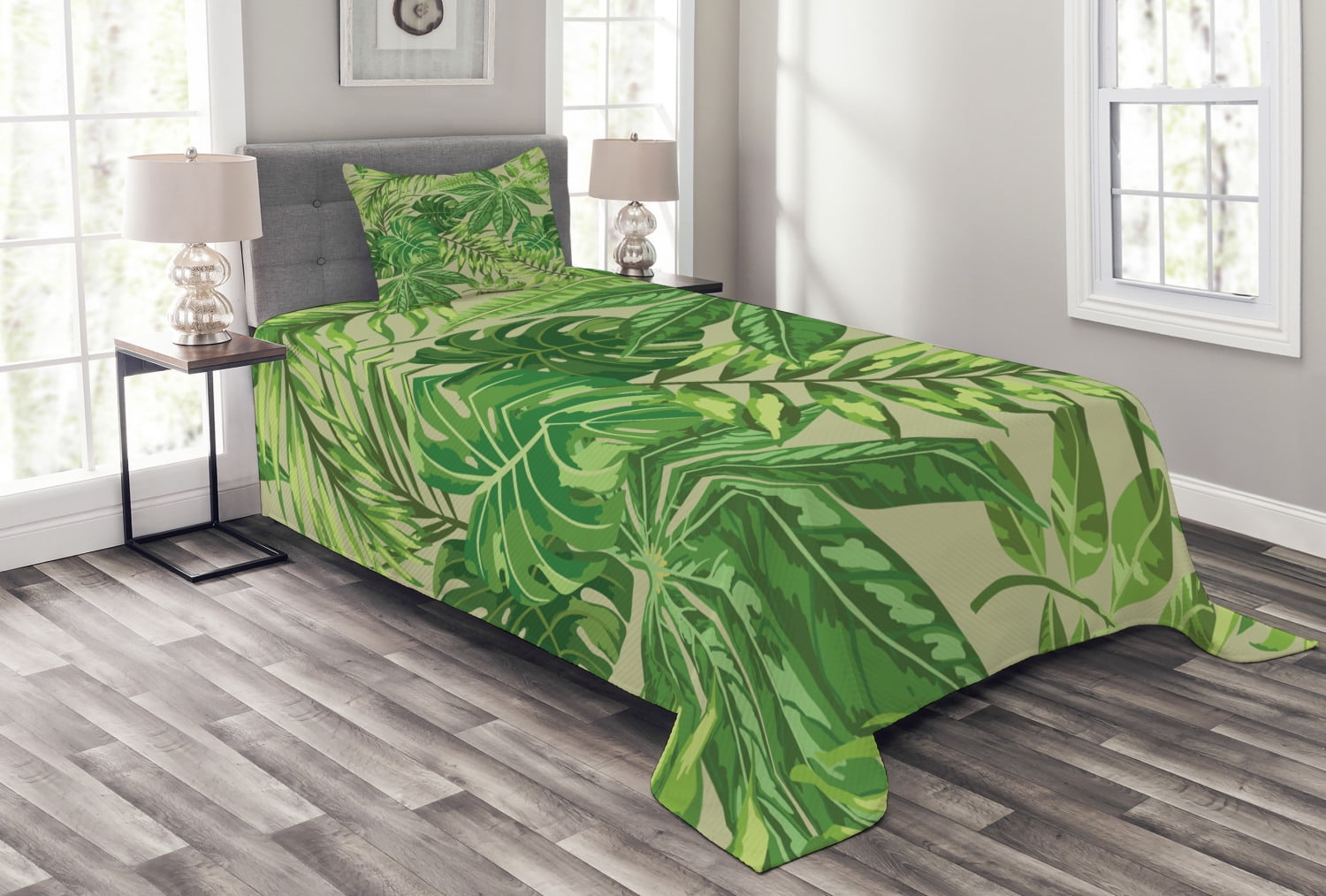 Green Leaf Bedspread Set Twin Size, Exotic Pattern with Tropical Leaves