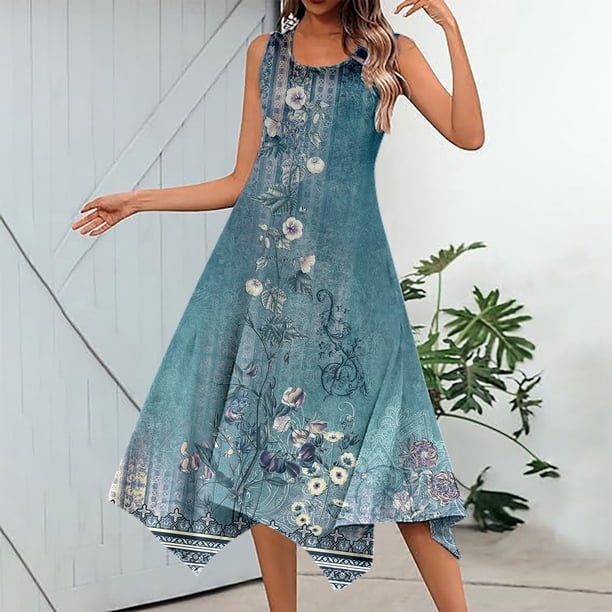 WILLBEST Vestidos de Verano para Mujer, Vestido Informal de Verano Vintage Estampado sin Mangas, Vestido Maxi con Dobladillo de Pañuelo y Bolsillos, Vestido de Playa Grande