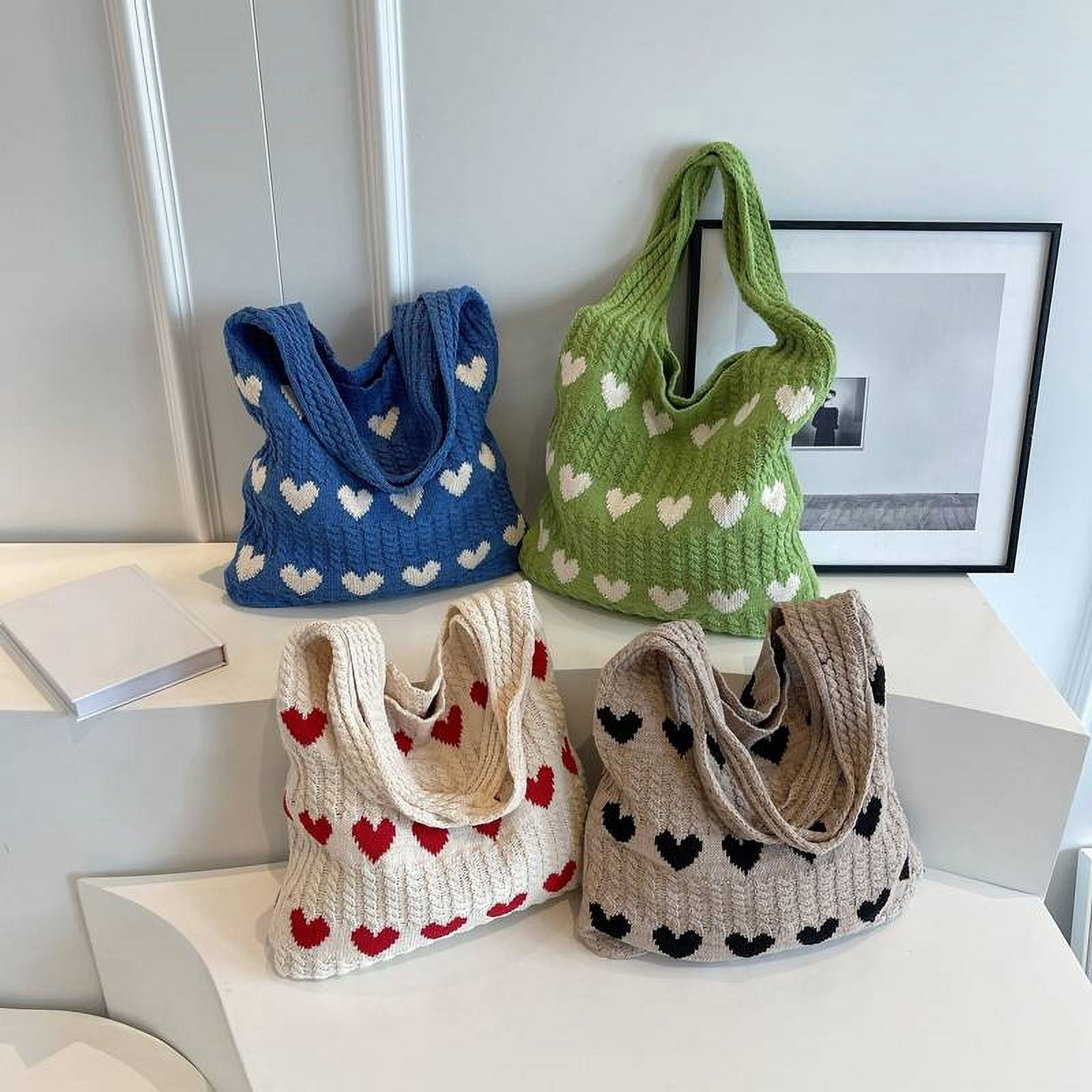 Love Heart Graphic Knitted Tote Bag Fashion Woven Shoulder Bag Aesthetic Crochet Bag For Women