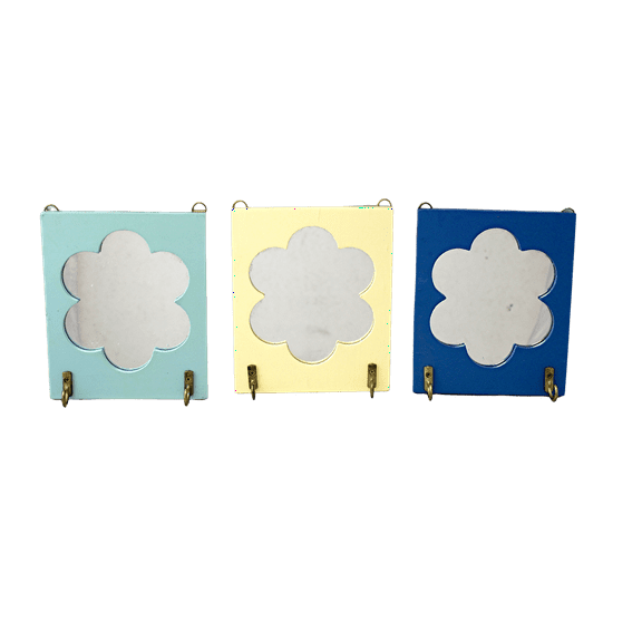 3 Piece Set Hand Painted Wooden Floral Mirror with Key Holder Wall Mountable