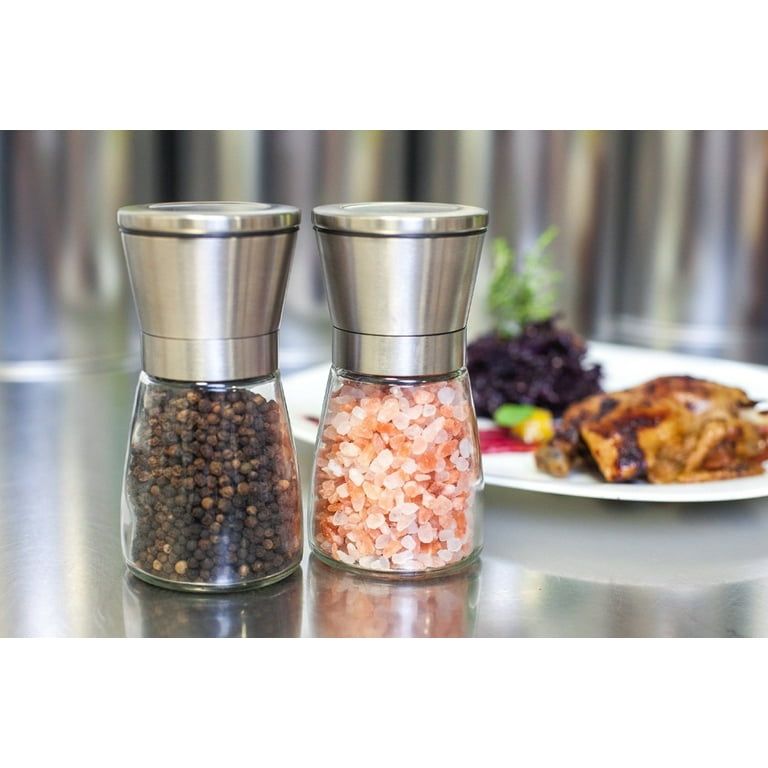 Pepper Grinder or Salt Grinder, Best Spice Mill with Ceramic Blades,  Adjustable Coarseness, Brushed Stainless Steel Cap, and Refillable Tall  Glass