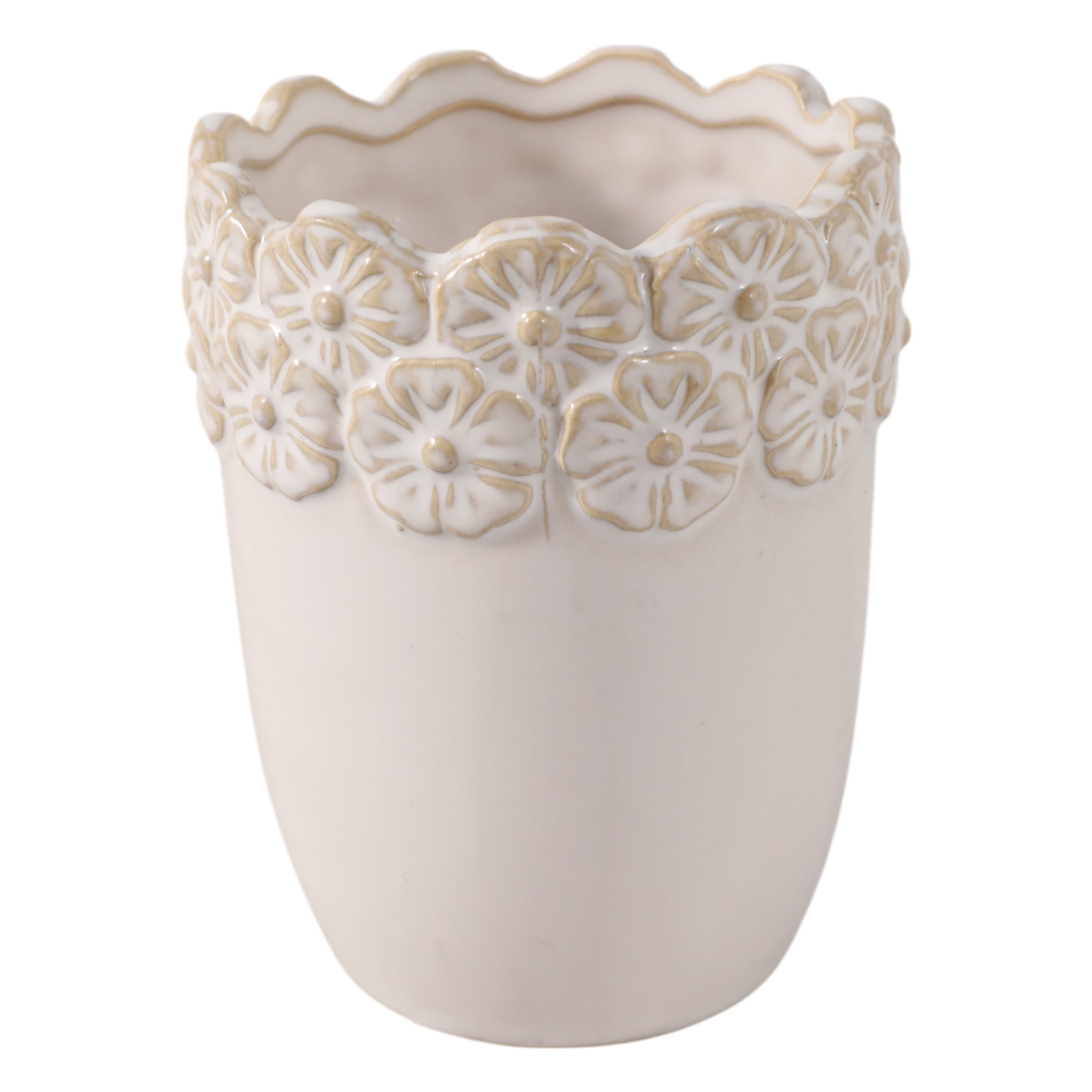Flower and Scallop Border Ceramic Desk Organizer - Cute Desktop and Office Storage Organizer for Workspace Decor - Functional Small Desk Holder for Office Accessory and Home Decor - 5", Ivory