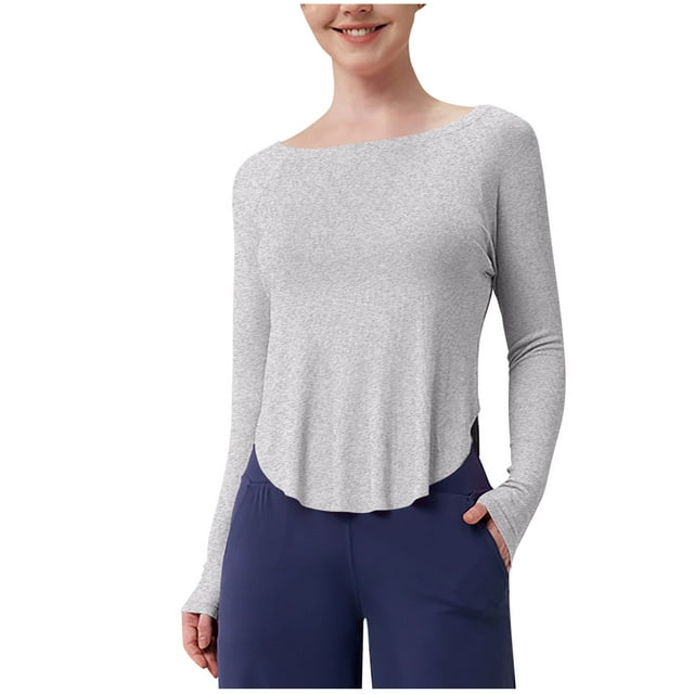 Timegard Hauts d'Entraînement pour Femmes Col Rond Manches Longues Hauts Courts T-Shirts de Course Athlétiques Irréguliers