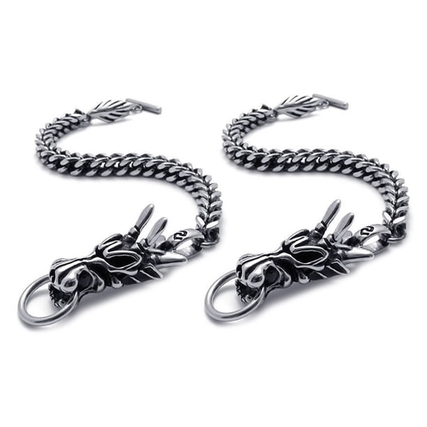2X Pulsera de Joyeria de Hombre, Dragon de Acero Inoxidable, Motorista, Negro-Plata