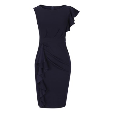 Women's Retro Bodycon Midi Dress - Ruffle Sleeveless Cocktail Party Dress