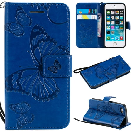 iPhone 5S Case,iPhone 5 Case,iPhone SE Wallet case, Allytech Pretty Retro Embossed Butterfly Flower Design Pu Leather Book Style Wallet Flip Case Cover for Apple iPhone 5/ 5S / SE,